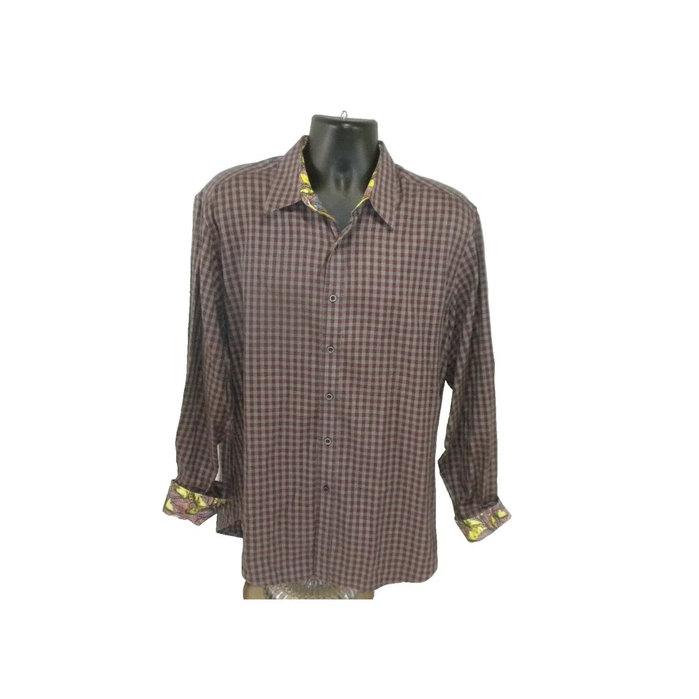 Robert Graham Shirt Mens XL Maroon Gray Check Button Up Contrast Flip Cuff Stain - Picture 2 of 16